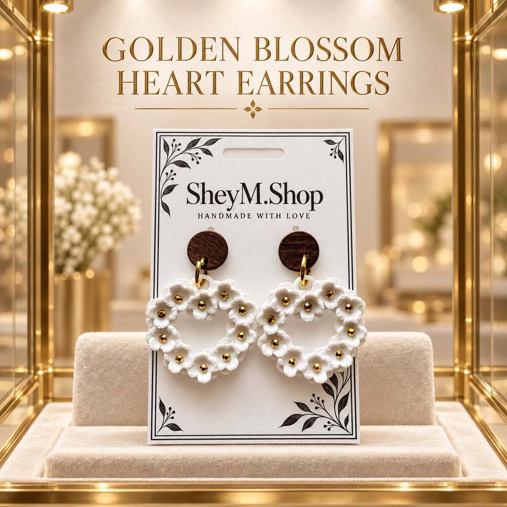 SheyM.Shop Golden Blossom Heart Earrings with White Flower Wreath and Wood Detai